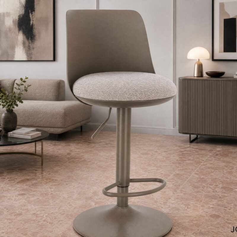 Contemporary living room with a tall gray swivel chair at center, beige sofa, abstract art, ribbed sideboard, and plant accents.