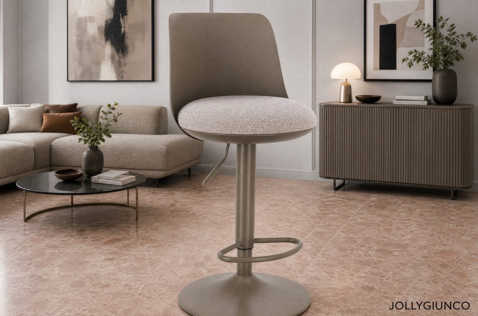 SGABELLO BAR LOWELL CAFFE10 - JOLLYGIUNCO Contemporary living room with a tall gray swivel chair at center, beige sofa, abstract art, ribbed sideboard, and plant accents.
