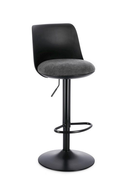 SGABELLO BAR LOWELL NERO - JOLLYGIUNCO Adjustable black bar stool with curved back, gray cushioned seat, and circular footrest.