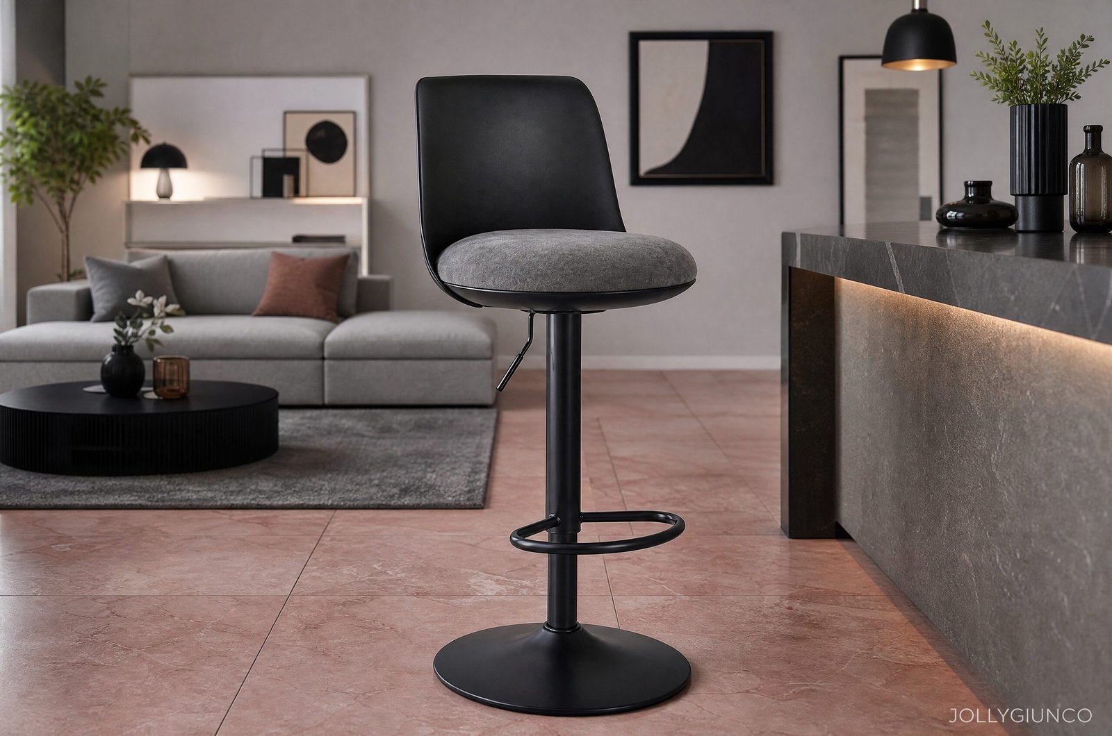 SGABELLO BAR LOWELL NERO10 - JOLLYGIUNCO Black bar stool with gray cushion at a marble kitchen island in a modern living room setup.