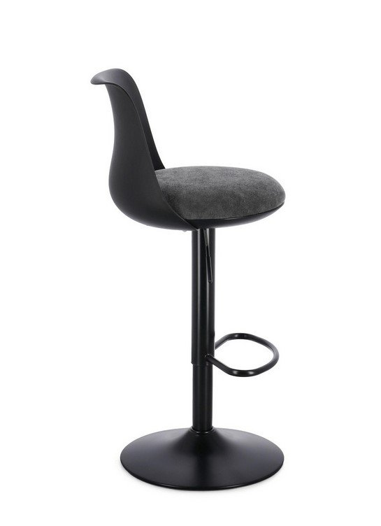 SGABELLO BAR LOWELL NERO4 - JOLLYGIUNCO Black bar stool with a curved backrest and gray cushioned seat on a pedestal base with a footrest while adjustable in height.