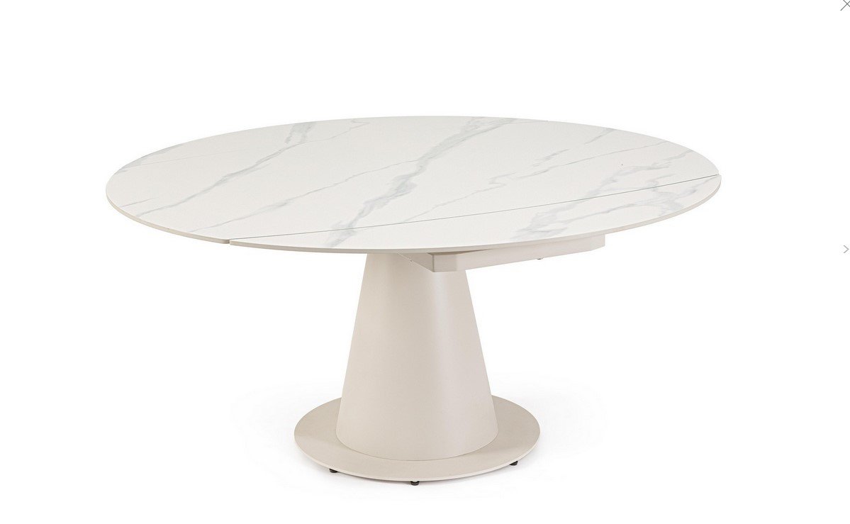 TAV ALJAMI 160X102-160 CREMA-STATUARIO - JOLLYGIUNCO Round white marble-patterned dining table with a sculpted conical pedestal base on a circular foundation