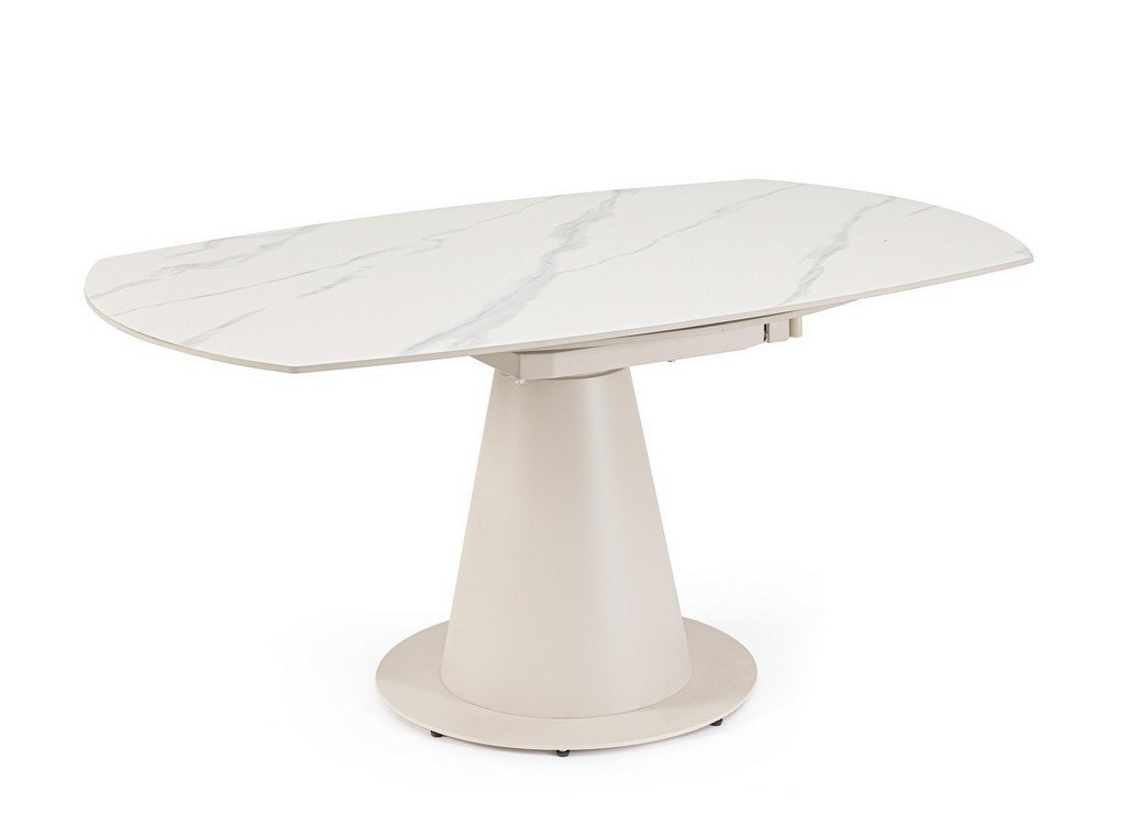 TAV ALJAMI 160X102-160 CREMA-STATUARIO1 - JOLLYGIUNCO Oval white marble-top table with a conical pedestal base on a circular foot, modern design.