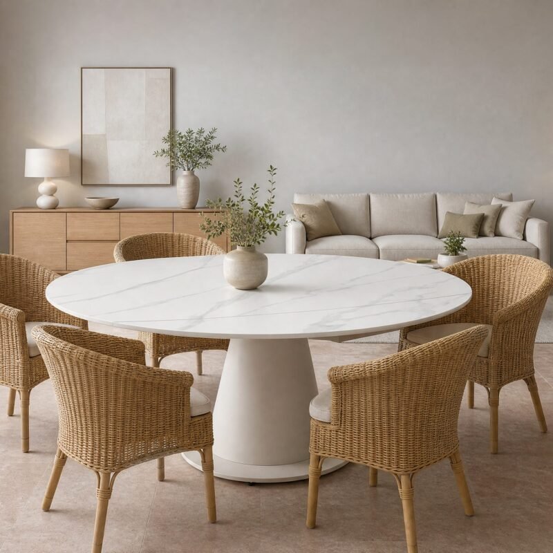Bright neutral living and dining space with a round marble table and woven wicker chairs surrounding it, beige sofa along the back wall, and green plants.