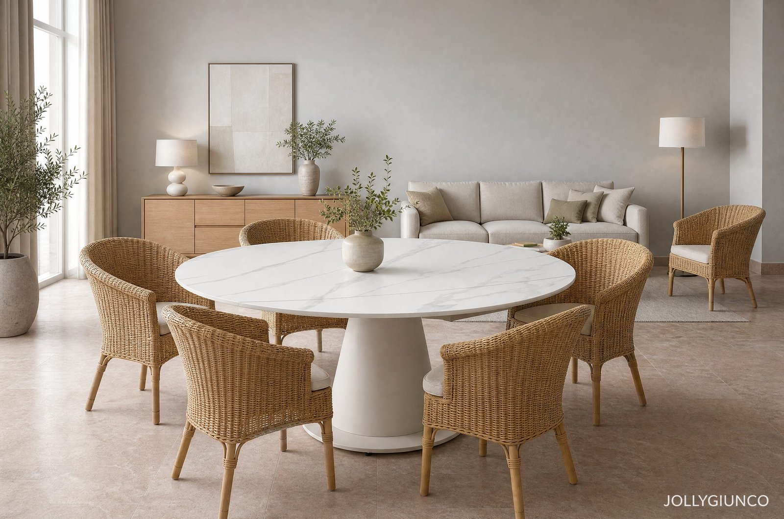 TAV ALJAMI 160X102-160 CREMA-STATUARIO10 - JOLLYGIUNCO Bright neutral living and dining space with a round marble table and woven wicker chairs surrounding it, beige sofa along the back wall, and green plants.