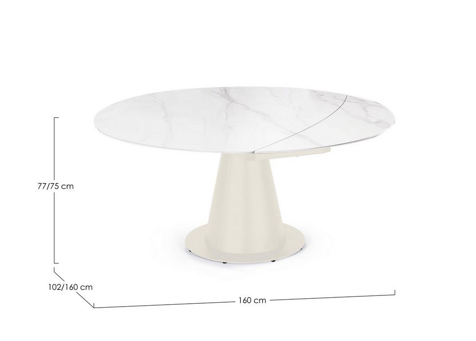 TAV ALJAMI 160X102-160 CREMA-STATUARIO2 - JOLLYGIUNCO Round marble tabletop on a cream pedestal base; diameter 160 cm, height 75–77 cm.