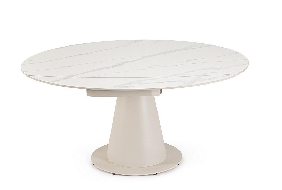 TAV ALJAMI 160X102-160 CREMA-STATUARIO3 - JOLLYGIUNCO Round white marble dining table with a conical pedestal base on a circular metal foot.