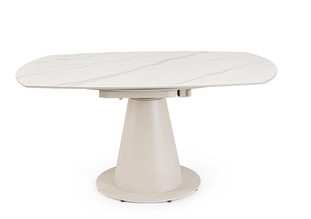 TAV ALJAMI 160X102-160 CREMA-STATUARIO4 - JOLLYGIUNCO White oval marble-top pedestal dining table on a rounded base, neutral modern design.