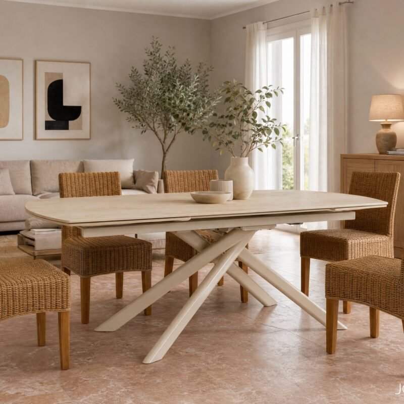 Neutral living–dining area with a beige sofa, wicker chairs, and a light wood table framed by abstract art and plants in a sunlit room.