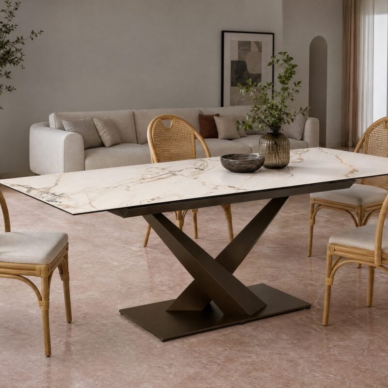 Marble dining table with a geometric black base surrounded by wicker chairs in a modern living space with a beige sofa and green plants in the background