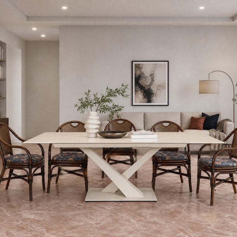 Contemporary dining room with a rectangular white table, wicker chairs, and potted plants, beige walls, and a sofa in the background.