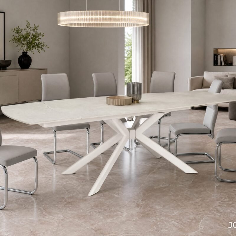 Modern open-plan dining and living area with a white table and grey armless chairs, marble floor, and neutral decor.