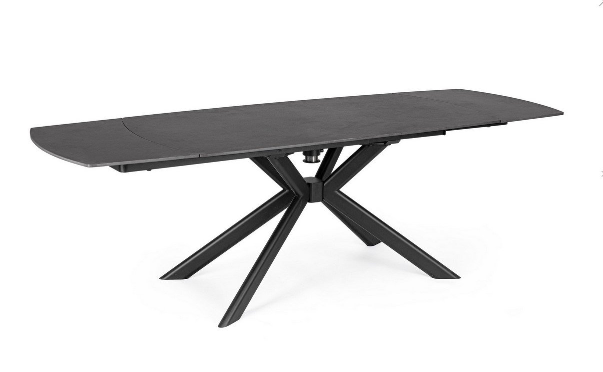 TAVOLO ALLJANIKA 160-240X90 NERO - JOLLYGIUNCO Modern black extendable dining table with an X-shaped crisscross base and curved end slabs at the leaves edge on a white background