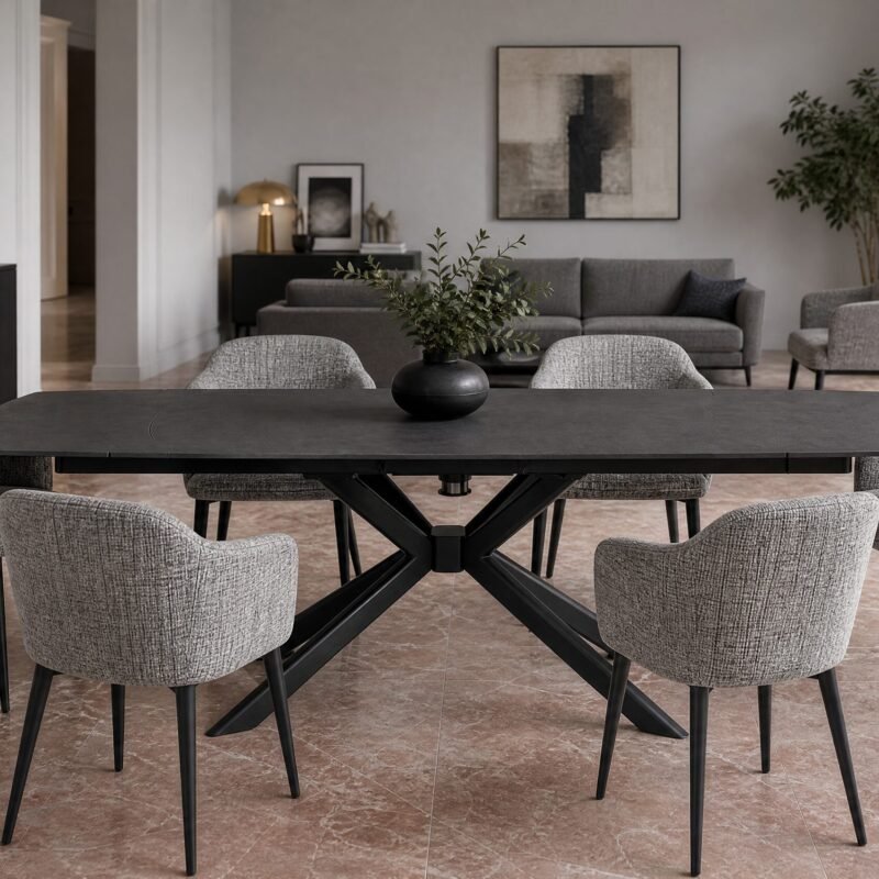 Modern dining room with a dark rectangular table surrounded by gray upholstered chairs and a central plant centerpiece in a neutral-toned space.