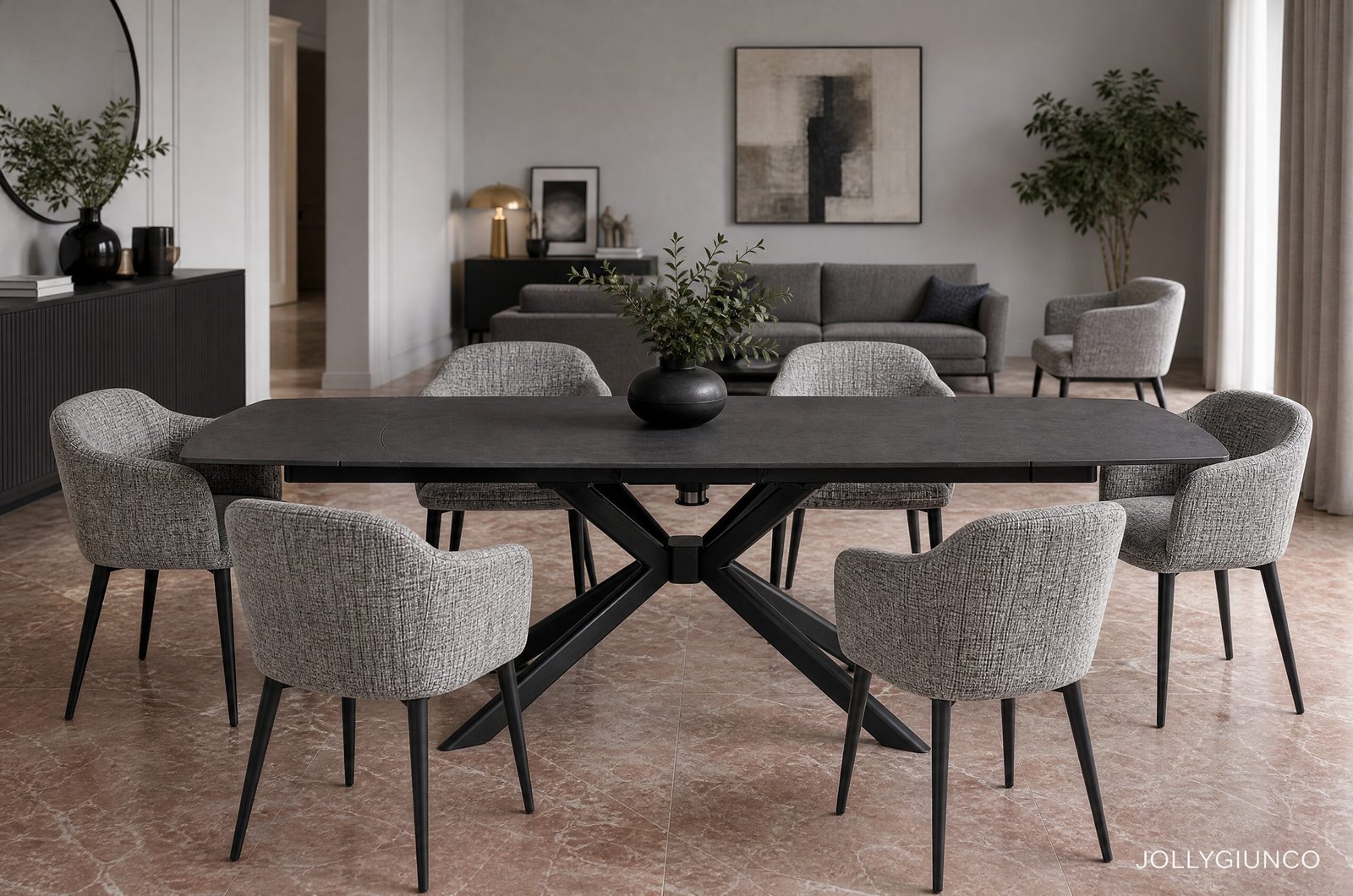 TAVOLO ALLJANIKA 160-240X90 NERO10 - JOLLYGIUNCO Modern dining room with a dark rectangular table surrounded by gray upholstered chairs and a central plant centerpiece in a neutral-toned space.