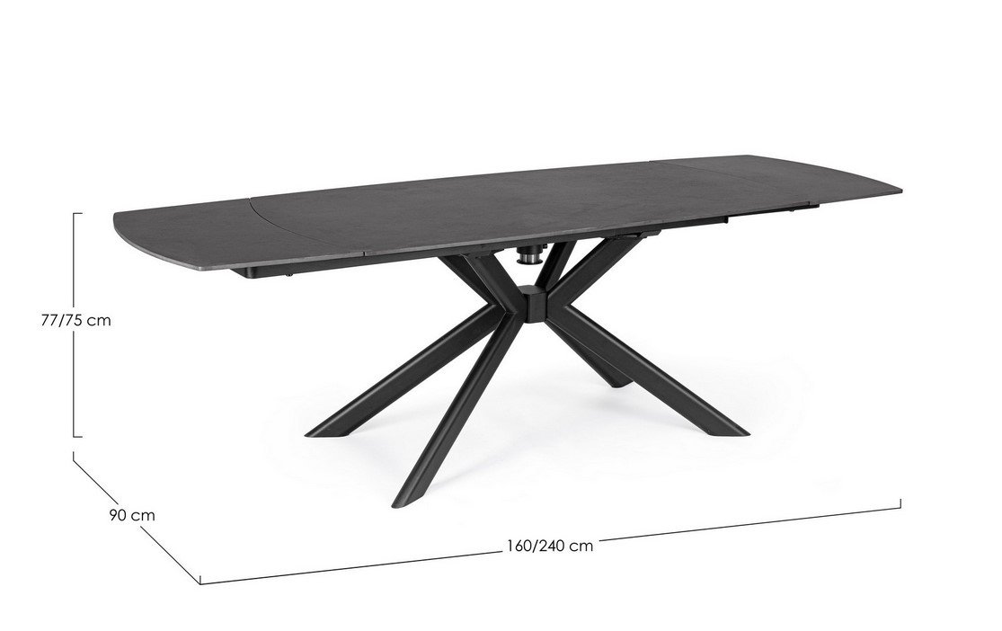 TAVOLO ALLJANIKA 160-240X90 NERO2 - JOLLYGIUNCO Extendable dining table with an X-shaped base; length options 160 cm or 240 cm, depth 90 cm, height 75–77 cm (dimensions shown).