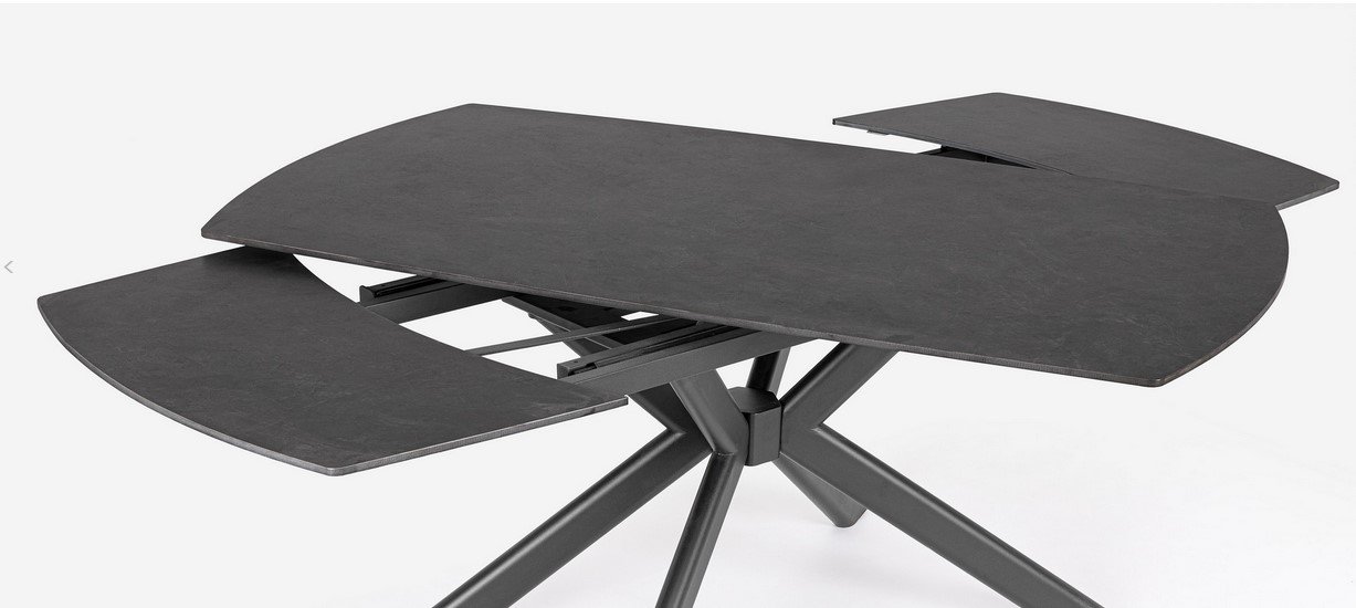 TAVOLO ALLJANIKA 160-240X90 NERO6 - JOLLYGIUNCO Gray adjustable-height desk with fold-out side leaves and a sculpted X-frame base, set on a light background