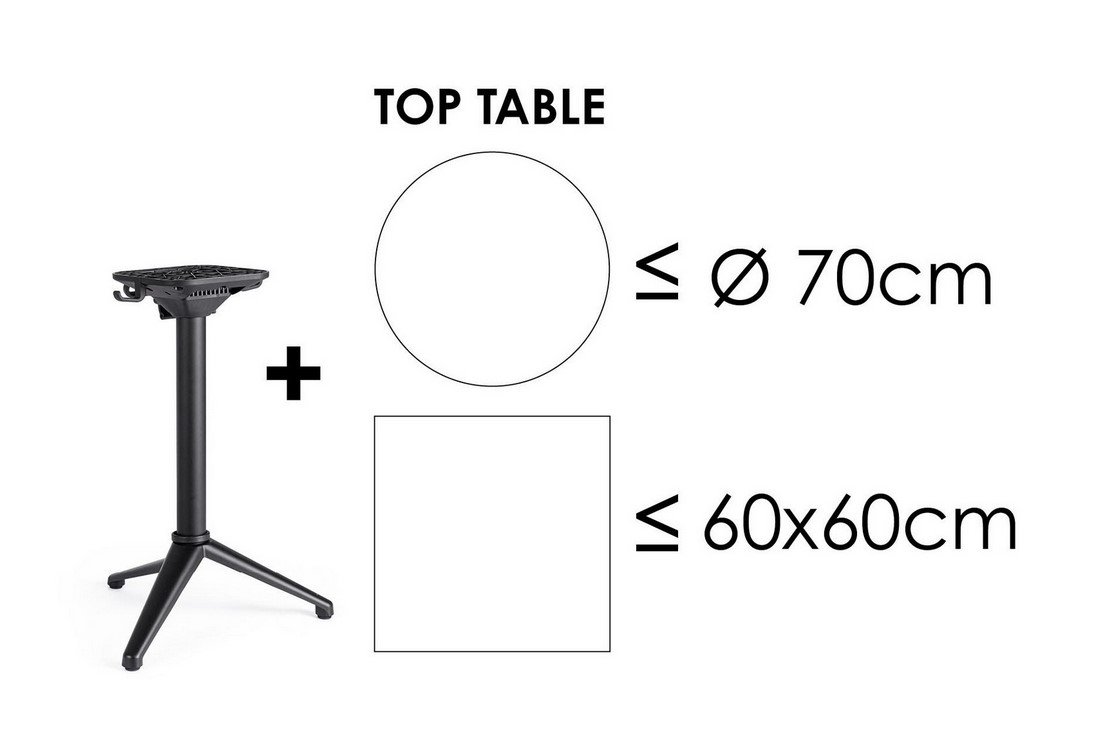 BASE TAVOLO ANNA NERO H712 - JOLLYGIUNCO Diagram showing a stand with a circular top and a square base, indicating size limits: top ≤ 70 cm and base ≤ 60×60 cm for the setup (TOP TABLE).
