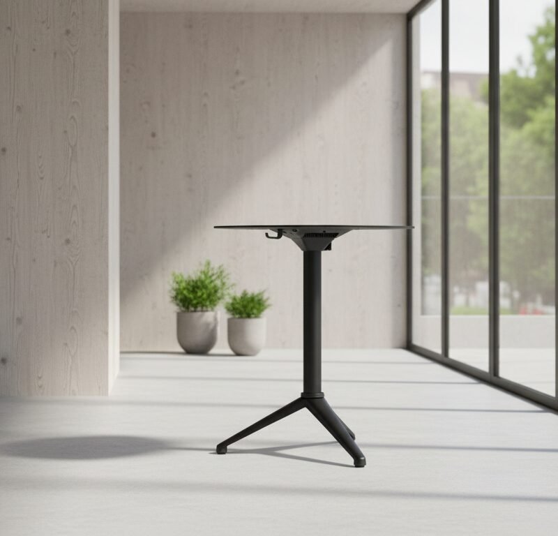A black tripod stand with a rectangular top stands in a bright, minimalist room beside large glass windows.