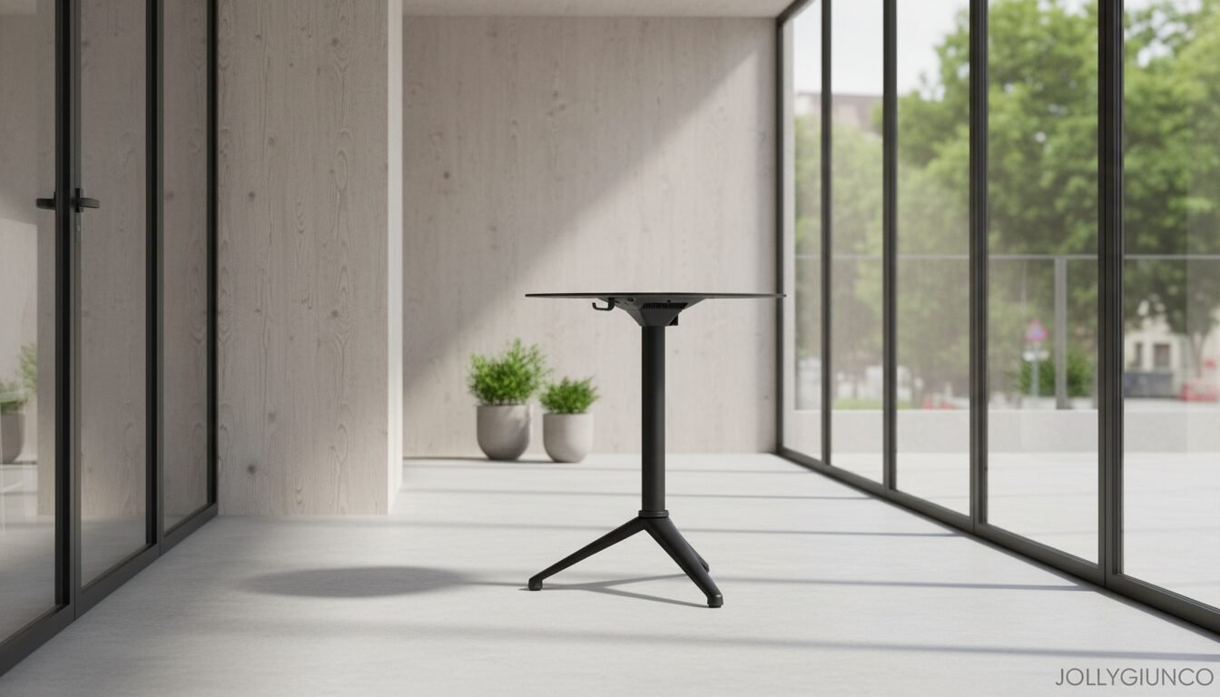 BASE TAVOLO ANNA NERO H7210 - JOLLYGIUNCO A black tripod stand with a rectangular top stands in a bright, minimalist room beside large glass windows.