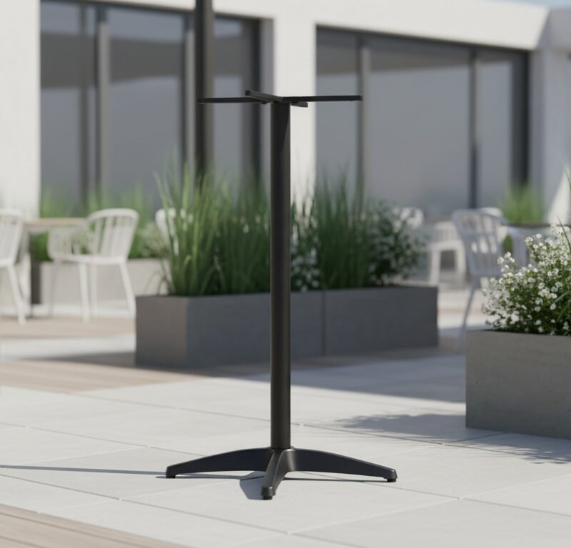Black microphone stand on a sunlit outdoor patio with planters and white chairs in the background.