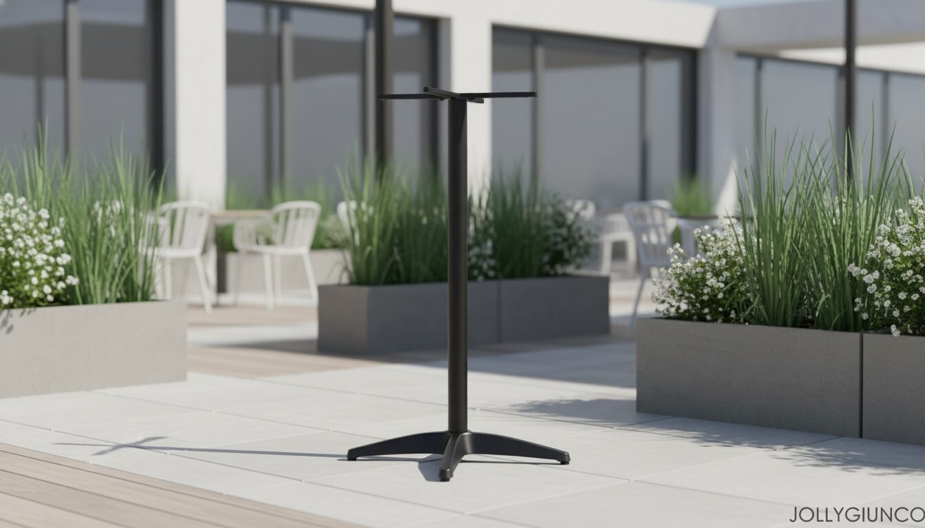 BASE TAVOLO DIANA ALLUM H10810 - JOLLYGIUNCO Black microphone stand on a sunlit outdoor patio with planters and white chairs in the background.