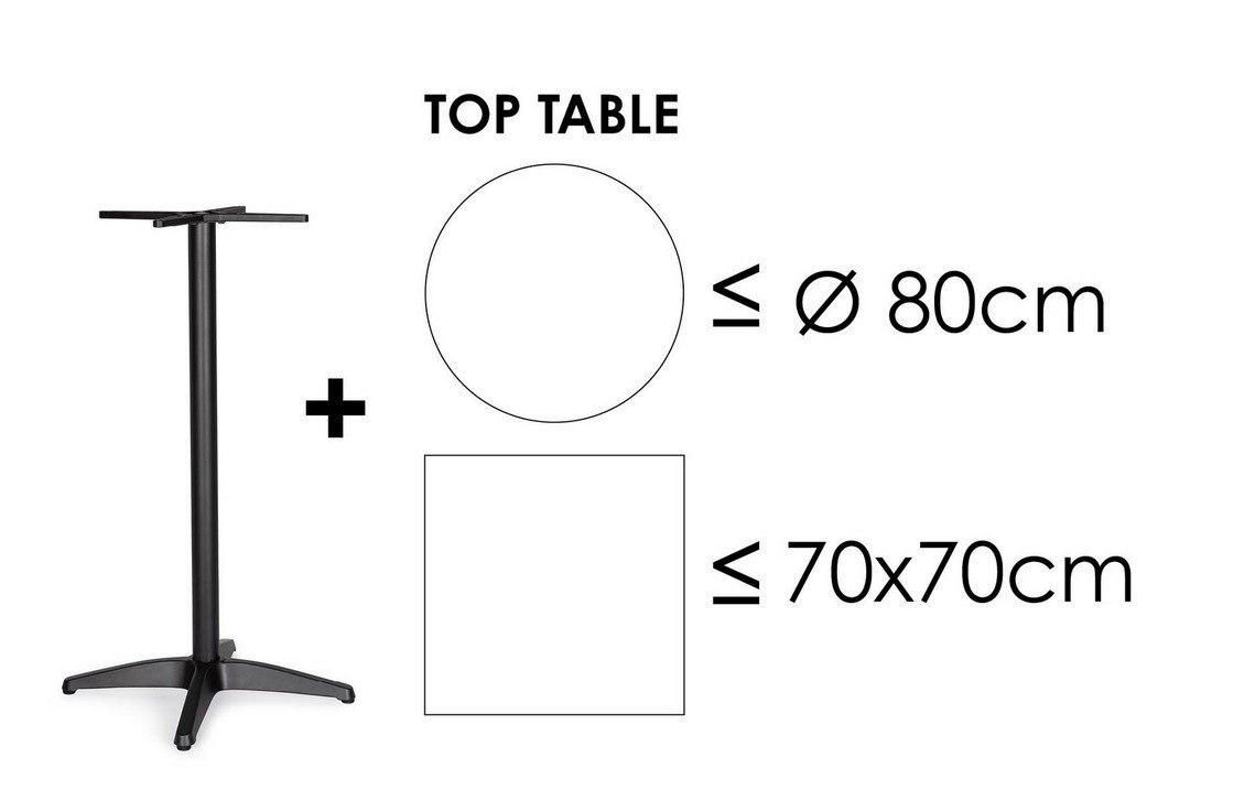 BASE TAVOLO DIANA ALLUM H1088 - JOLLYGIUNCO Top table: illustration shows a black stand on the left with two allowed top shapes on the right—a circle with '≤ Ø 80 cm' and a square with '≤ 70x70 cm'—indicating the maximum top sizes.