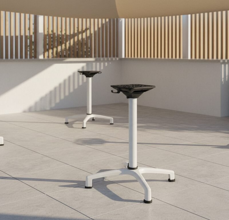 Three white adjustable-height stools with black seats on a tiled rooftop terrace