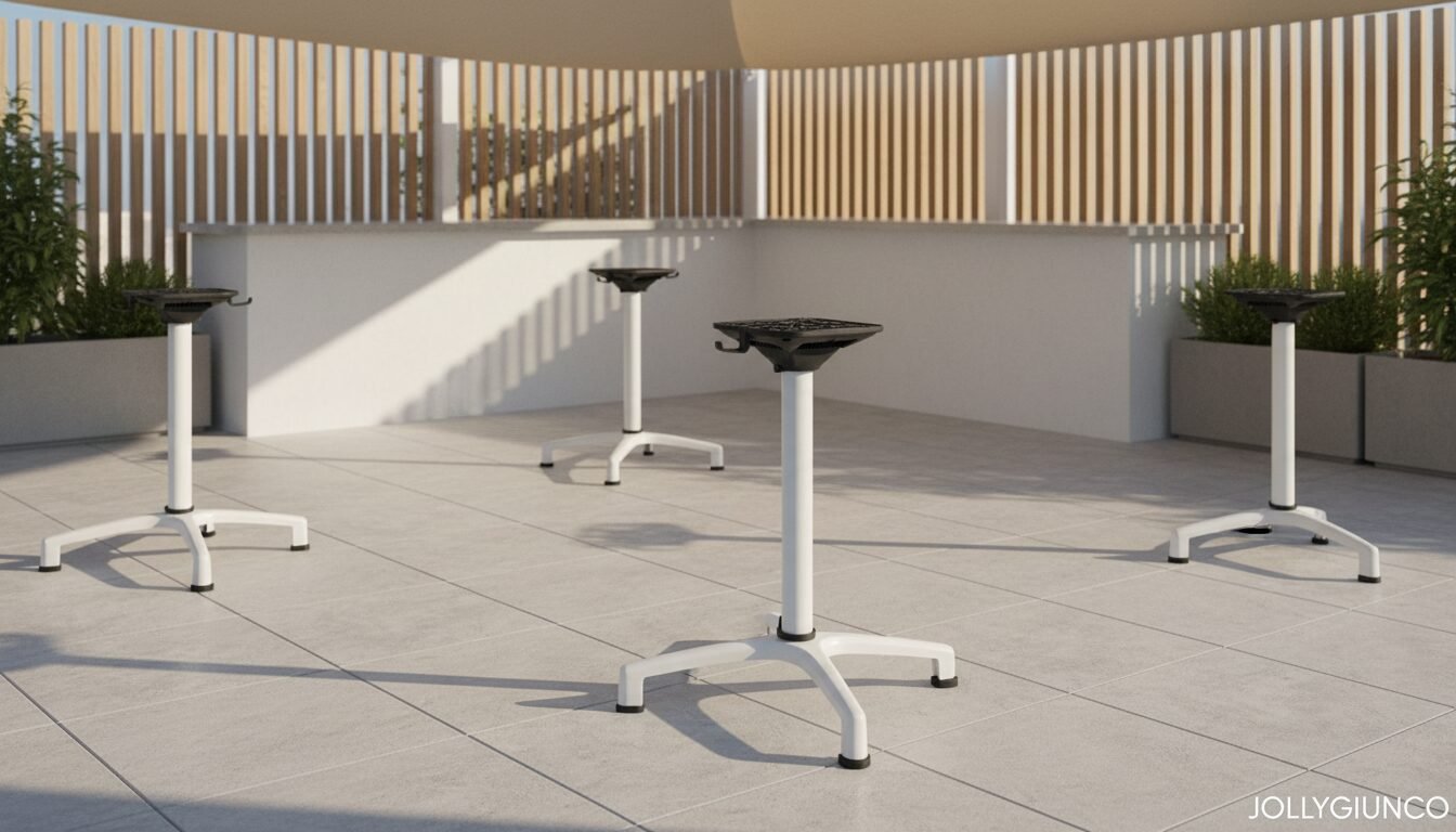BASE TAVOLO ELSA BIANCO H7210 - JOLLYGIUNCO Three white adjustable-height stools with black seats on a tiled rooftop terrace