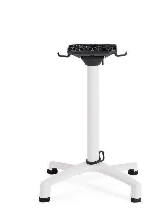 BASE TAVOLO ELSA BIANCO H722 - JOLLYGIUNCO Adjustable stand with white central pole and four-pronged base, topped by a grid-like platform with hooks on either side.