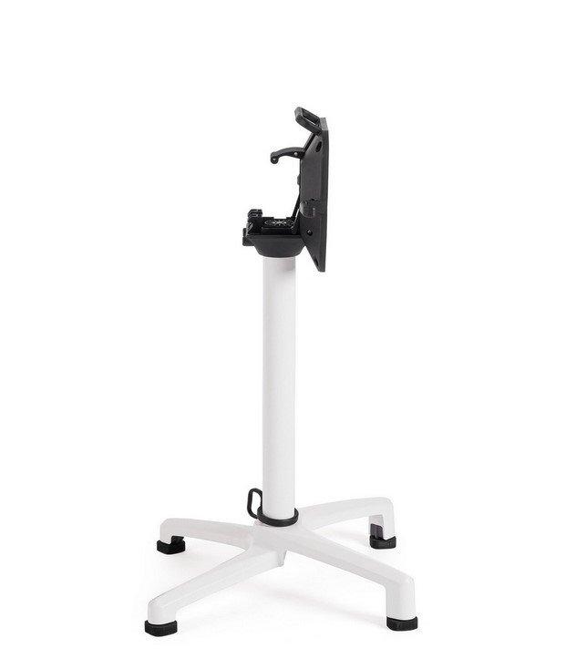 BASE TAVOLO ELSA BIANCO H724 - JOLLYGIUNCO Mobile monitor stand with a white vertical pole and a four-legged wheeled base, featuring a black adjustable monitor mount at the top (VESA-ready). If the image is used to show a stand for a display, this communicates its purpose clearly.