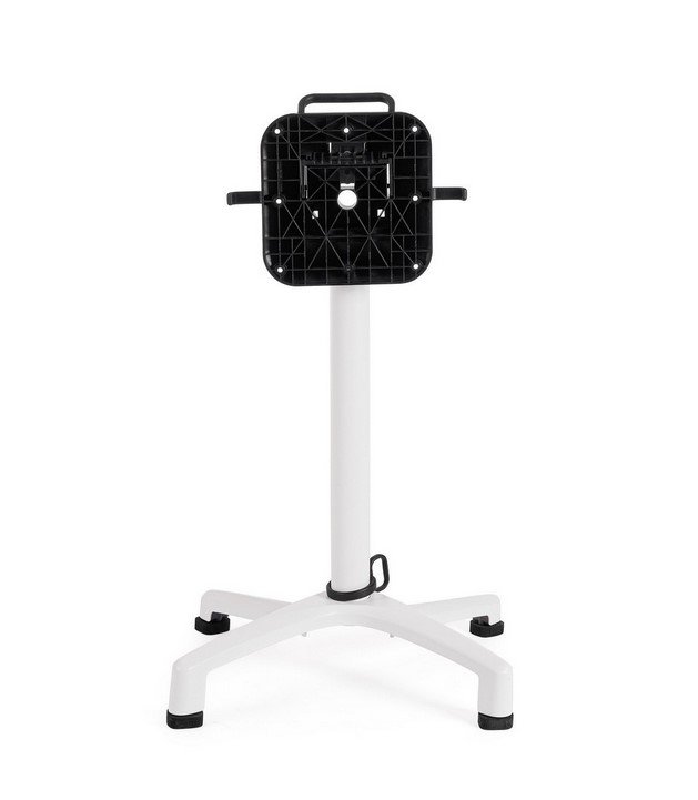 BASE TAVOLO ELSA BIANCO H725 - JOLLYGIUNCO White adjustable stand with a four-foot base and a black square mounting plate for attaching equipment.