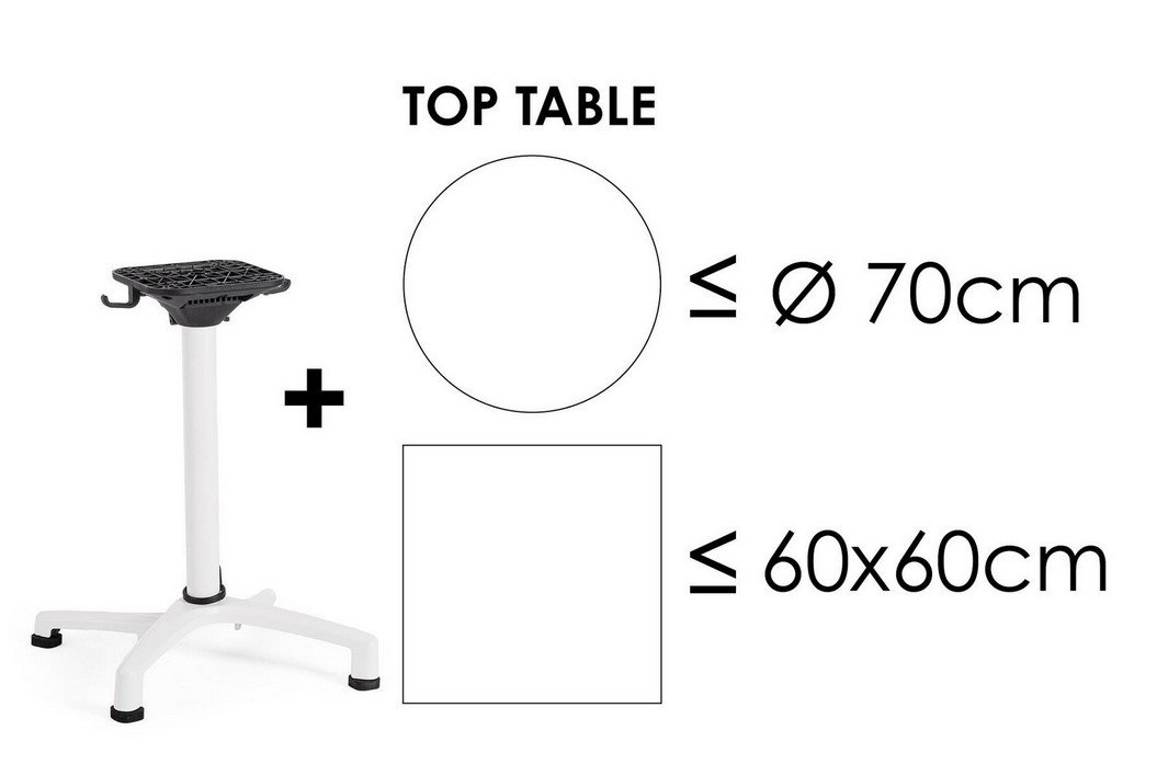 BASE TAVOLO ELSA BIANCO H7281 - JOLLYGIUNCO Stand for a top table showing compatible sizes: circular top up to 70 cm diameter or square top up to 60×60 cm, with the stand on the left.