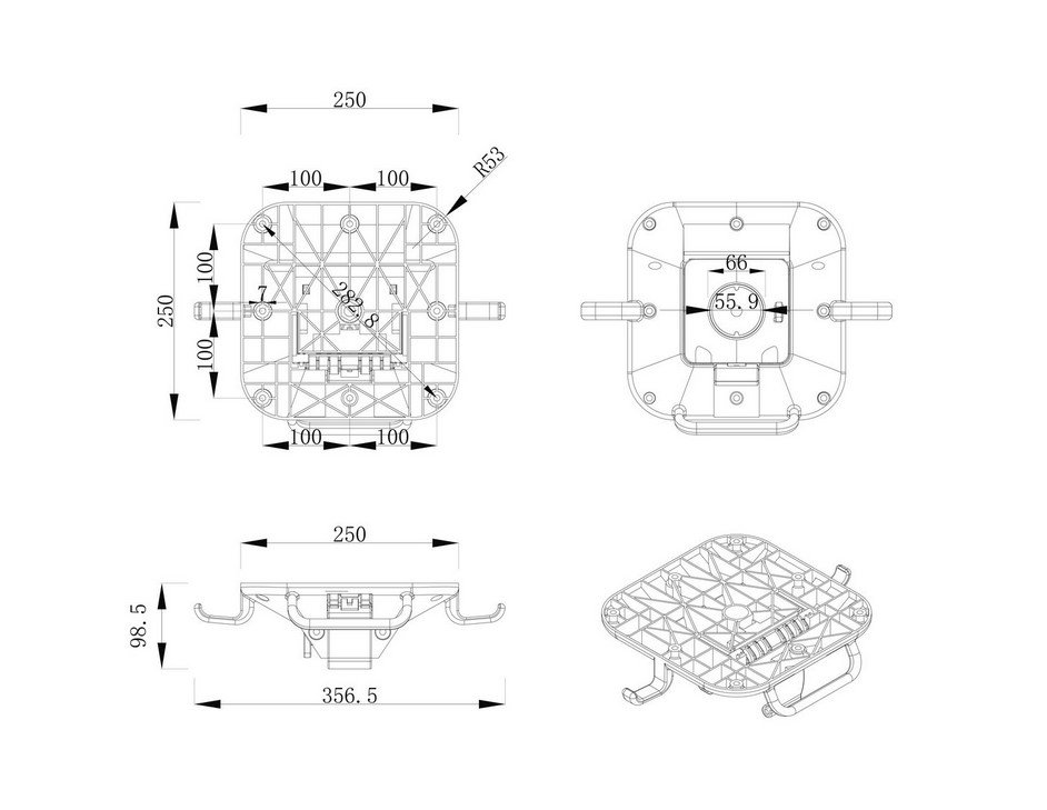 BASE TAVOLO ELSA BIANCO H7291 - JOLLYGIUNCO Technical drawing of a square mechanical housing with top, side, and isometric views showing dimensions (250 mm overall width/length, 356.5 mm depth) and mounting holes and internal ribbing.