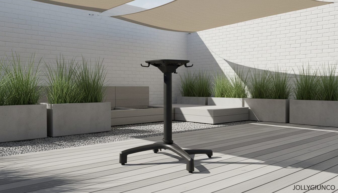 BASE TAVOLO ELSA NERO H7210 - JOLLYGIUNCO Black adjustable-height pedestal standing on a four-leg base in a modern outdoor patio with planters and seating.