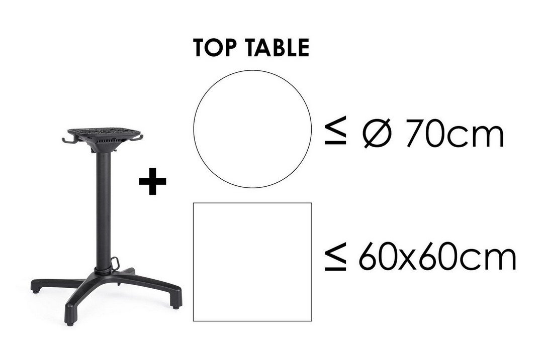 BASE TAVOLO ELSA NERO H7211 - JOLLYGIUNCO Top table diagram: a stand on the left with a plus sign, and shapes showing a circle ≤ 70 cm and a square ≤ 60×60 cm on the right.