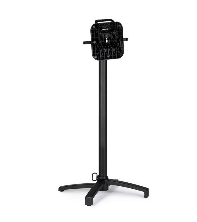 BASE TAVOLO MINERVA ALLUM H1081 - JOLLYGIUNCO Black adjustable equipment stand with a square mounting plate at the top and a four-legged base used to hold a device or accessory.