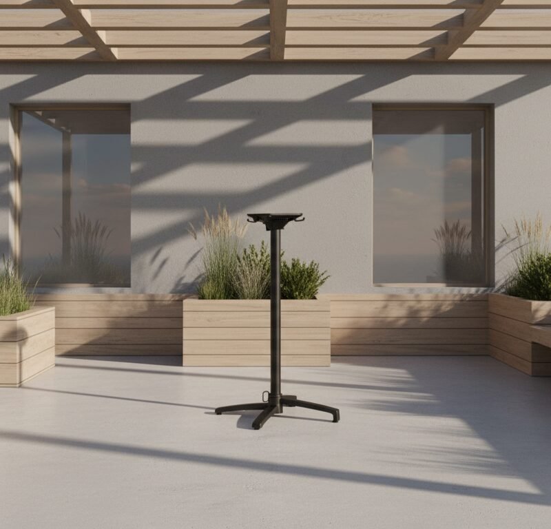 Modern outdoor terrace with wooden planters, built-in bench seating, and a black adjustable stand in the center.