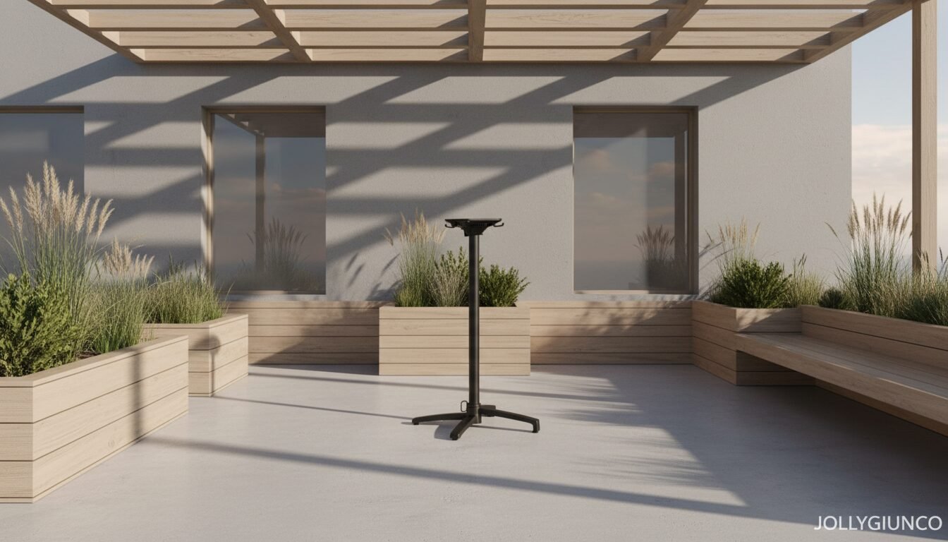 BASE TAVOLO MINERVA ALLUM H10810 - JOLLYGIUNCO Modern outdoor terrace with wooden planters, built-in bench seating, and a black adjustable stand in the center.