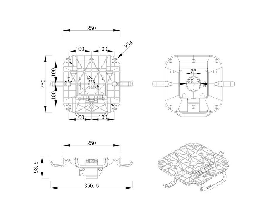 BASE TAVOLO MINERVA ALLUM H10819 - JOLLYGIUNCO Engineering drawing of a square device housing with top, front, side, and isometric views; overall 250 mm square, shows mounting holes, internal rib structure, and a central cavity with dimensions indicated.