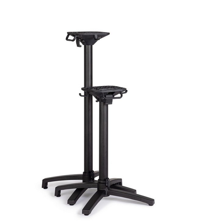 BASE TAVOLO MINERVA ALLUM H1086 - JOLLYGIUNCO Two-tier adjustable black equipment stand with two platform shelves and a four-legged base on a white background.