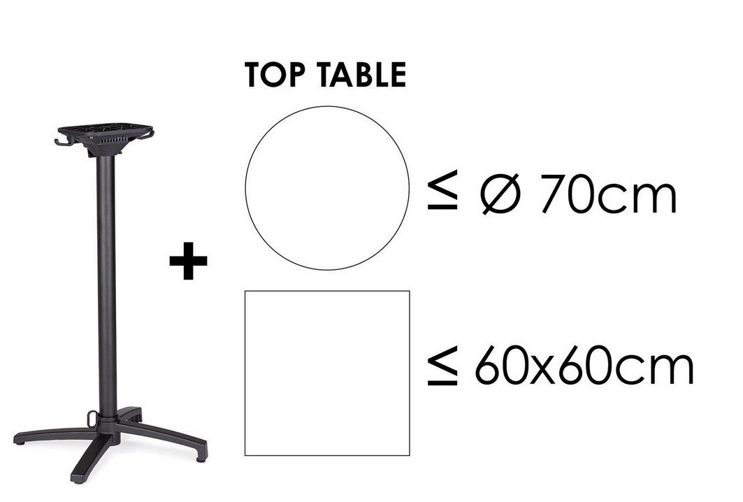 BASE TAVOLO MINERVA ALLUM H11108 - JOLLYGIUNCO Diagram showing a stand with a round top up to 70 cm in diameter and a square base up to 60x60 cm, labeled TOP TABLE.