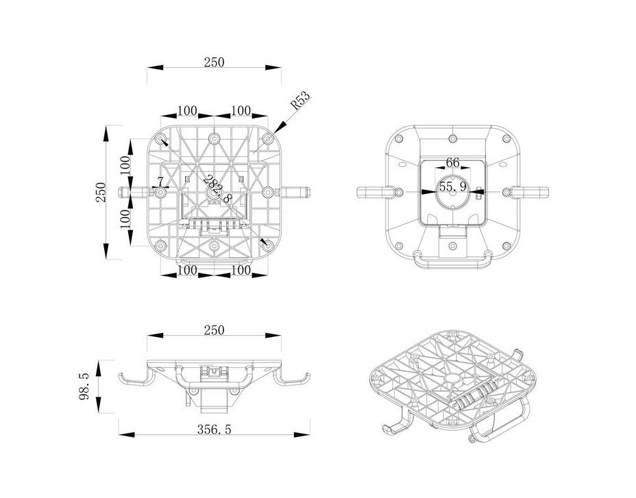 BASE TAVOLO MINERVA ALLUM H172 - JOLLYGIUNCO CAD drawing of a square mounting base (250 mm × 250 mm) with a hole pattern and central cavity; includes side and isometric views showing hooks and overall depth 356.5 mm.