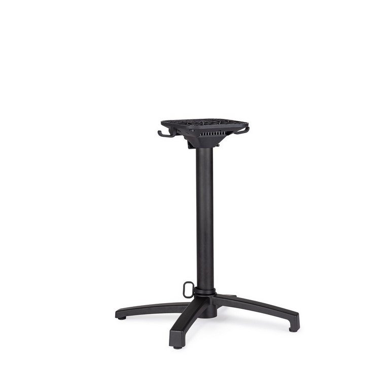 BASE TAVOLO MINERVA ALLUM H72 - JOLLYGIUNCO Black adjustable-height stand with a four-arm tripod base and a square, grid-top platform; used to hold or mount equipment.