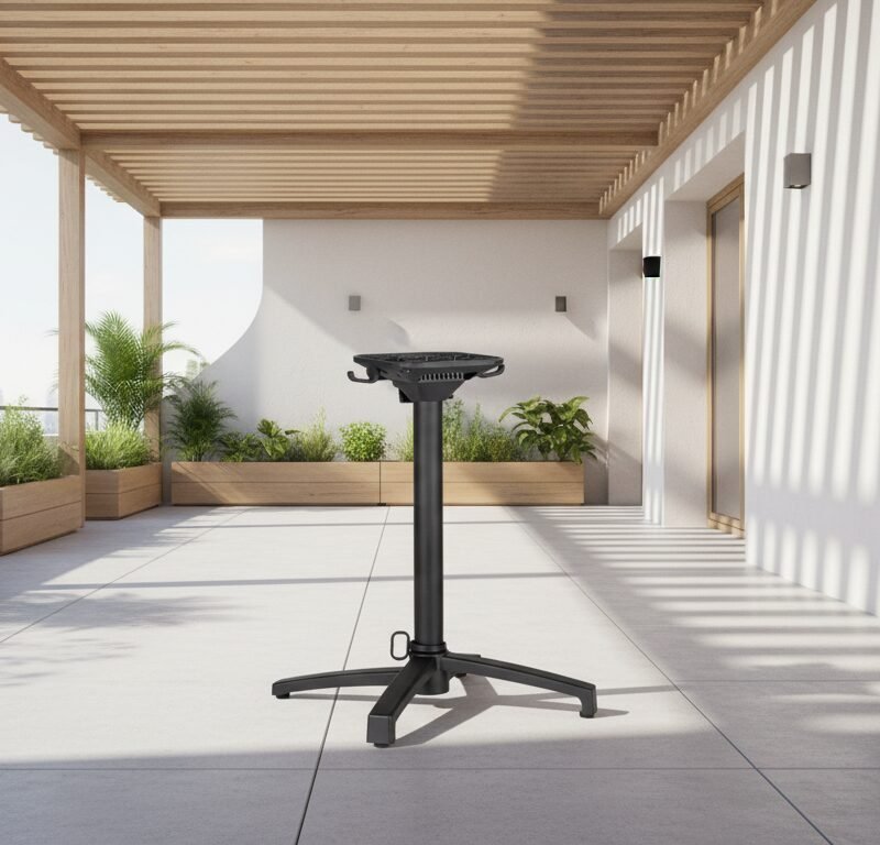 Black adjustable-height stand centered on a sunlit rooftop terrace with wooden planters and glass doors nearby.