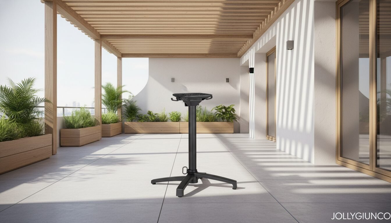 BASE TAVOLO MINERVA ALLUM H7210 - JOLLYGIUNCO Black adjustable-height stand centered on a sunlit rooftop terrace with wooden planters and glass doors nearby.