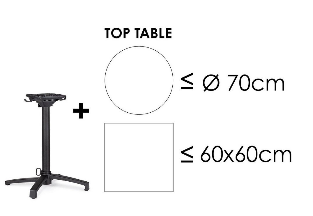 BASE TAVOLO MINERVA ALLUM H722 - JOLLYGIUNCO Stand for a top table showing compatible top shapes: circle up to 70 cm diameter or square up to 60×60 cm in size.