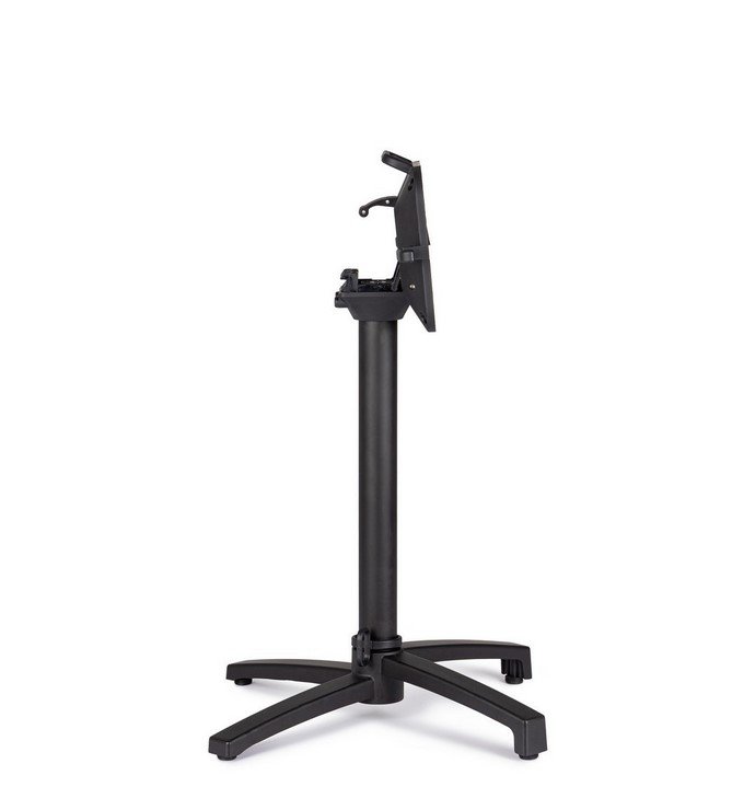 BASE TAVOLO MINERVA ALLUM H725 - JOLLYGIUNCO Black adjustable monitor stand with clamp mount on a tall vertical pole and a four-foot base.