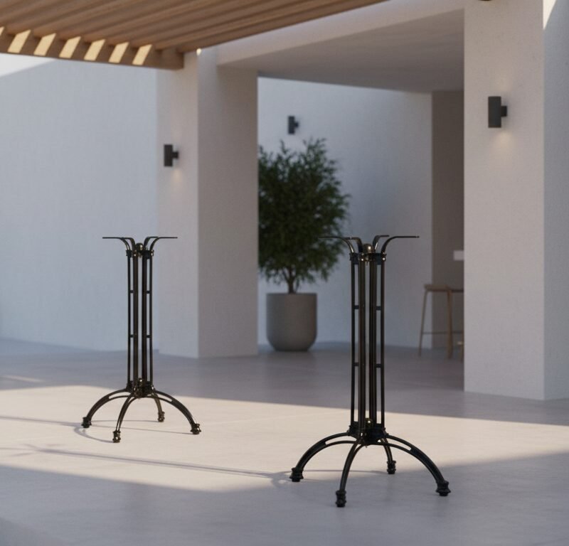 Two black metal table bases stand in a bright, minimalist patio area; a potted tree and a bar with stools are in the background.