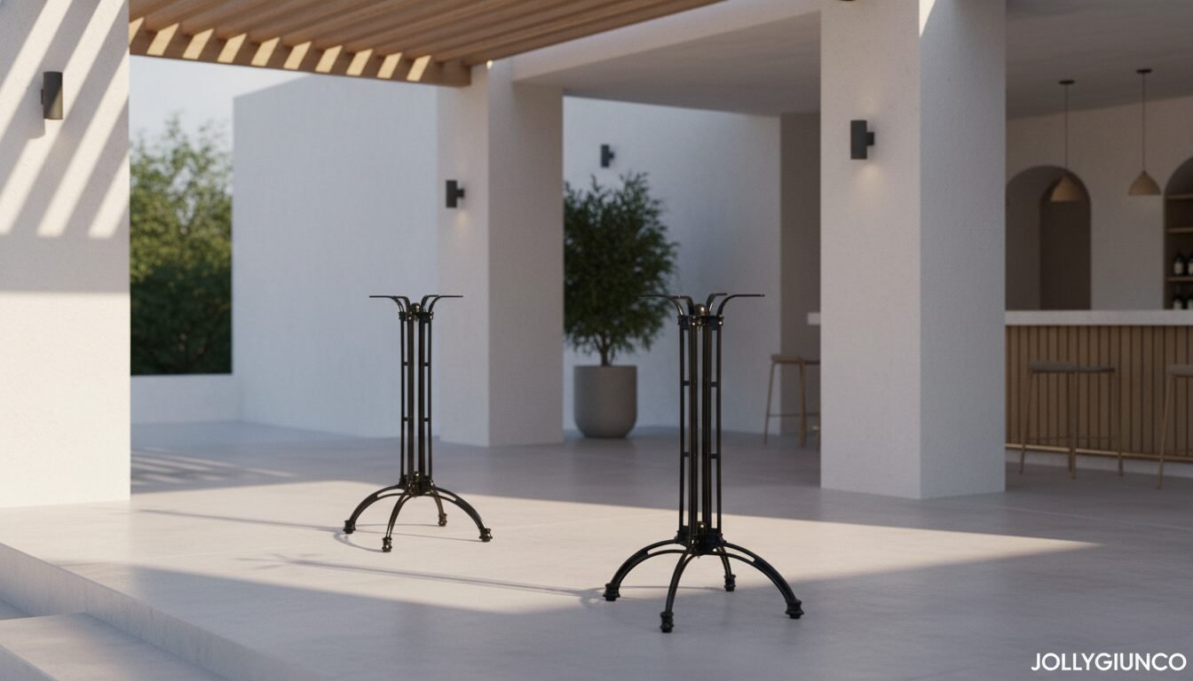 BASE TAVOLO TICHE ALLUM H10810 - JOLLYGIUNCO Two black metal table bases stand in a bright, minimalist patio area; a potted tree and a bar with stools are in the background.